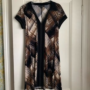 Connected Petite Women’s collared v-neck dress, brn/blk, cream, sz 10p, EUC.